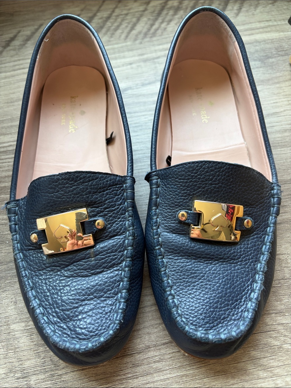 kate spade Navy Blue Pebbled Leather Loafers with Gold Buckle